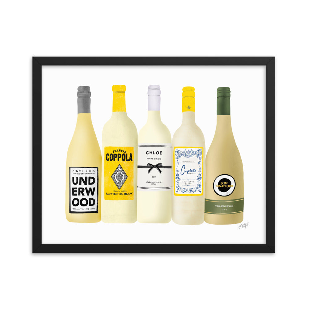 Ilustración de botellas de vino blanco - Impresión mate enmarcada